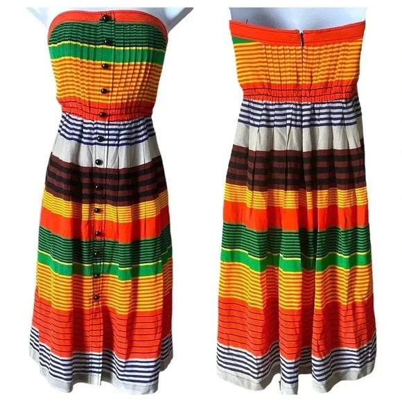 ANTHRO TRACY REESE |Vibrant Multicolored Rainbow Striped Silk Pleated Dress Sz 6 - Picture 3 of 12